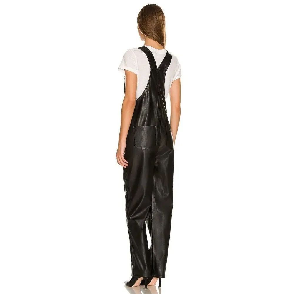 WeWoreWhat Black Vegan Leather Overalls Womens Medium Faux Leather Jumpsuit - Picture 10 of 16